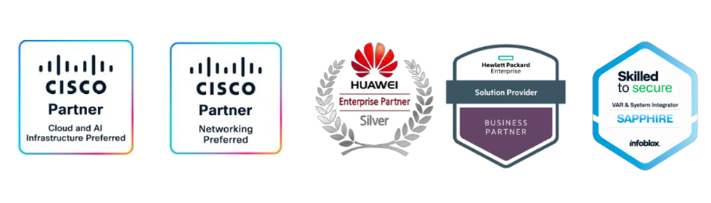 Cisco Partner, Huawei Enterprise Silver, HPE Business Partner, Infoblox Sapphire