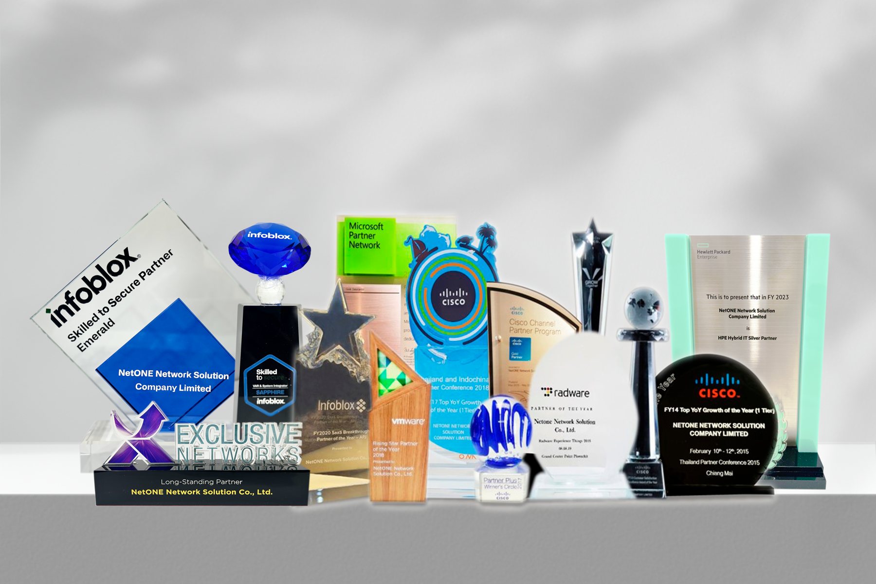 NetONE’s partner awards and trophies, including Infoblox, Cisco, VMware, Radware, Huawei and VST ECS